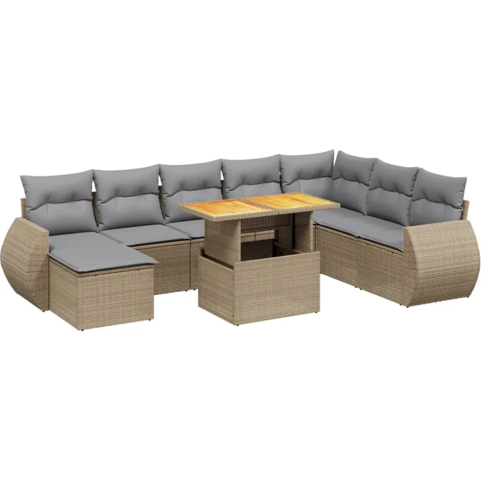 vidaXL 9-delige Loungeset met kussens poly rattan beige