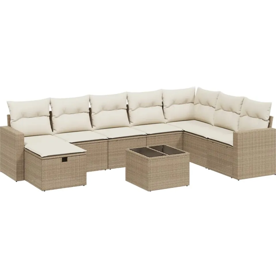 vidaXL 9-delige Loungeset met kussens poly rattan beige