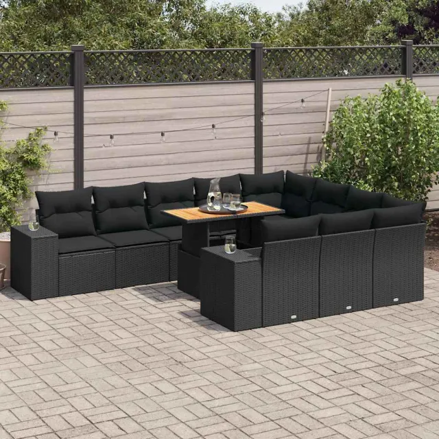 vidaXL 10-delige Loungeset met kussens poly rattan acacia zwart, foto 2