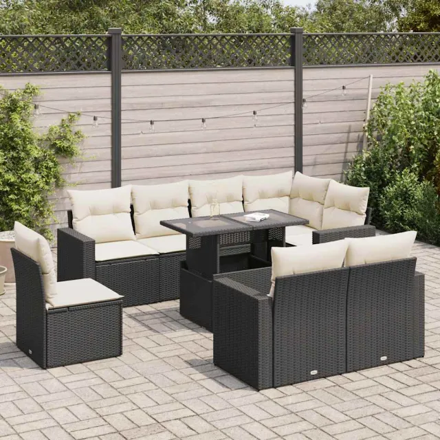vidaXL 9-delige Loungeset met kussens poly rattan zwart, foto 2