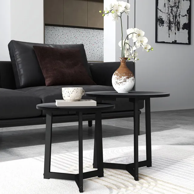 REDOM Salontafel set Ø48 x 45H cm & Ø40 x 40H cm van staal en melamine-MDF, nestbaar en modern, zwart