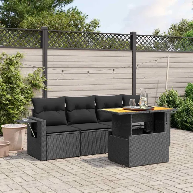 vidaXL 5-delige Loungeset met kussens poly rattan zwart, foto 2