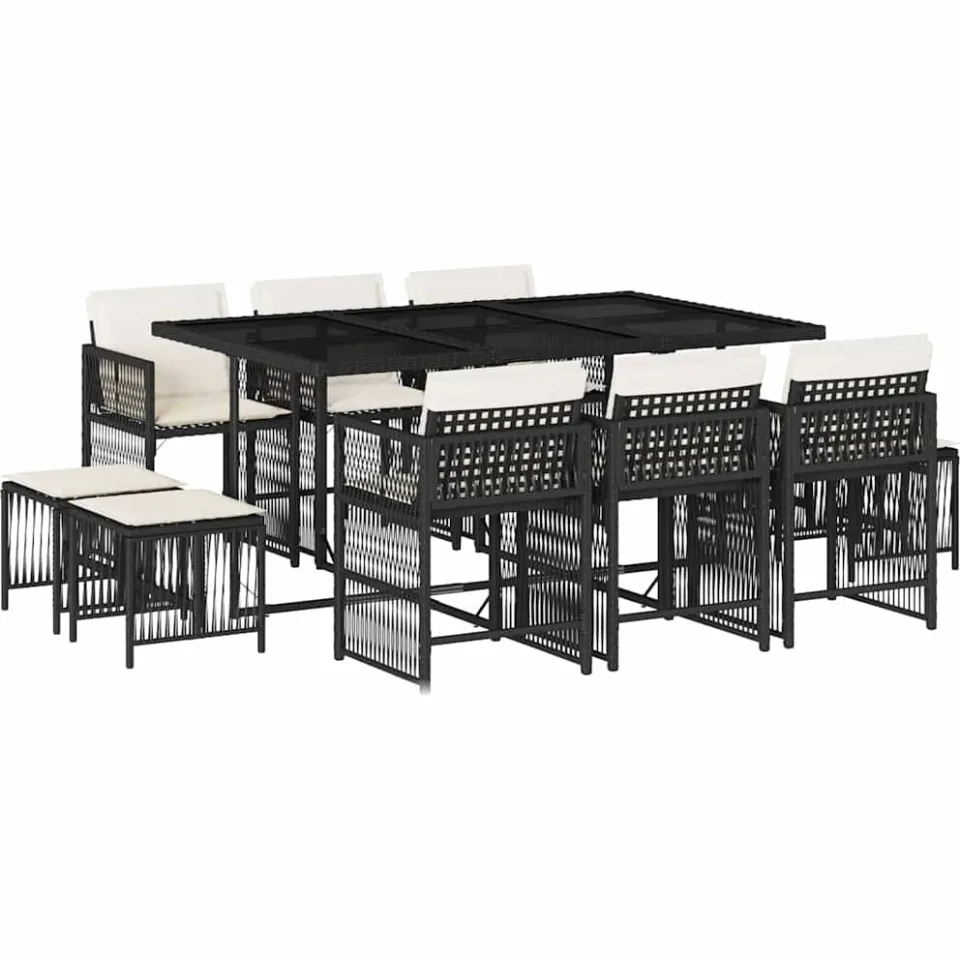 vidaXL 11-delige Tuinset met kussens poly rattan zwart