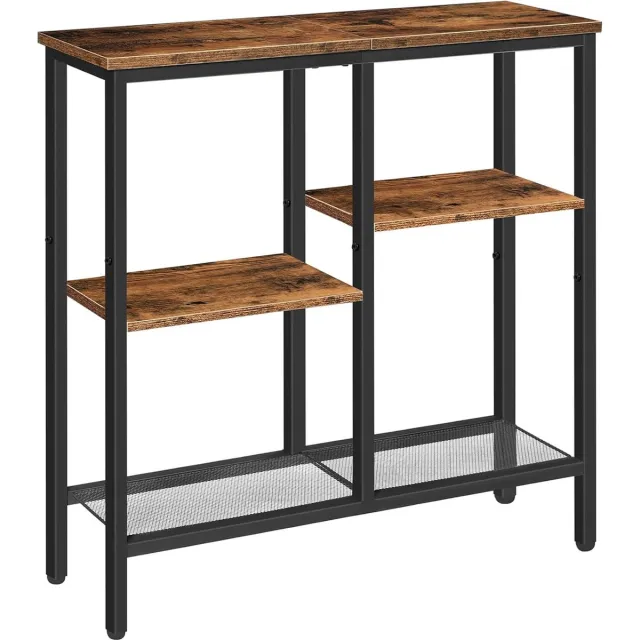 Trankielo Rustieke 4-Laags Consoletafel – Industriële Bijzettafel met Metalen Gaasplank – Sofatafel met Verstelbare Poten voor Woonkamer en Hal Rustiek bruin + zwart