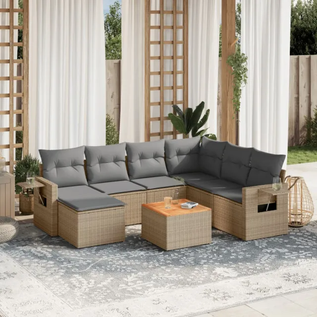 vidaXL 8-delige Loungeset met kussens poly rattan gemengd beige, foto 2