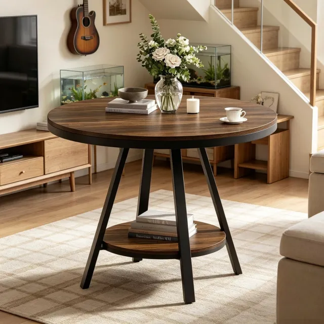 HAUSS SPOLE Eettafel - Rond Tafelblad Met Onderblad - Voor Eetkamer En Woonkamer - Mdf En Metaal - 90x90x75 Cm - Rustiek Bruin En Zwart Donkerbruin