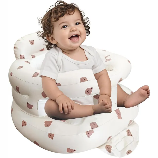 Zyronn Opblaasbaar babyzitje voor baby's van 3-36 maanden – Babystoel met veiligheidsrand en ingebouwde luchtpomp – Opblaasbaar vloerzitje met rugsteun – Ideaal voor thuis en op reis - Kleine Beer (Groot formaat) Wit