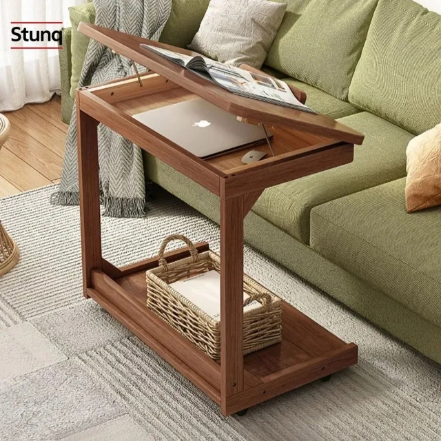 Stunq Mobiele salontafel massief hout met opklapbaar blad en opbergrek Bruin