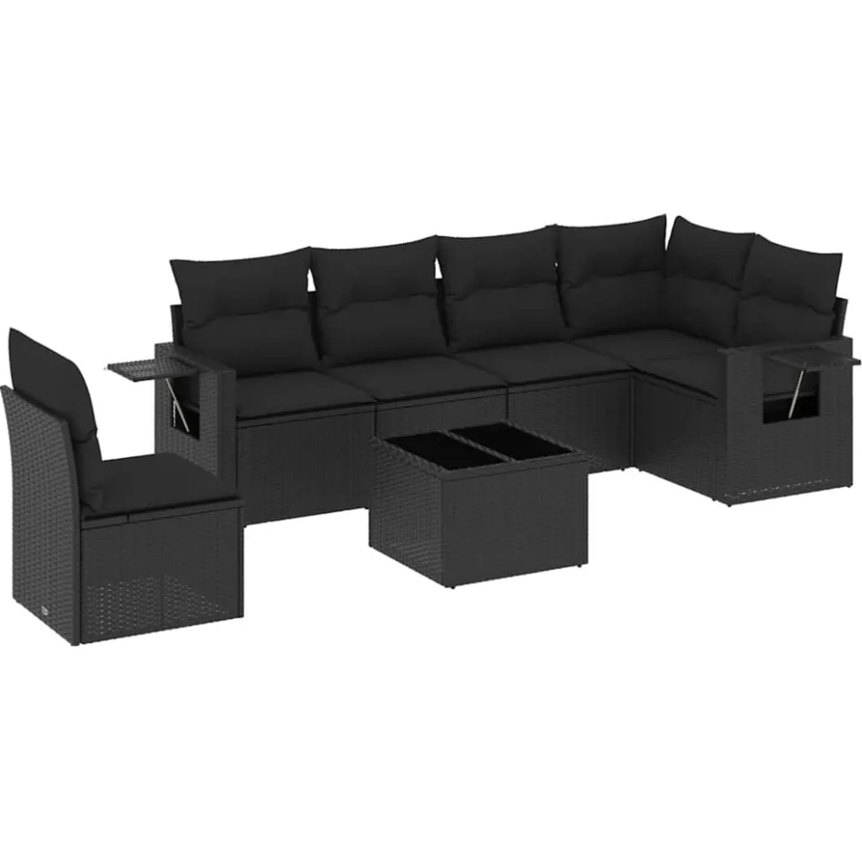 vidaXL 7-delige Loungeset met kussens poly rattan zwart
