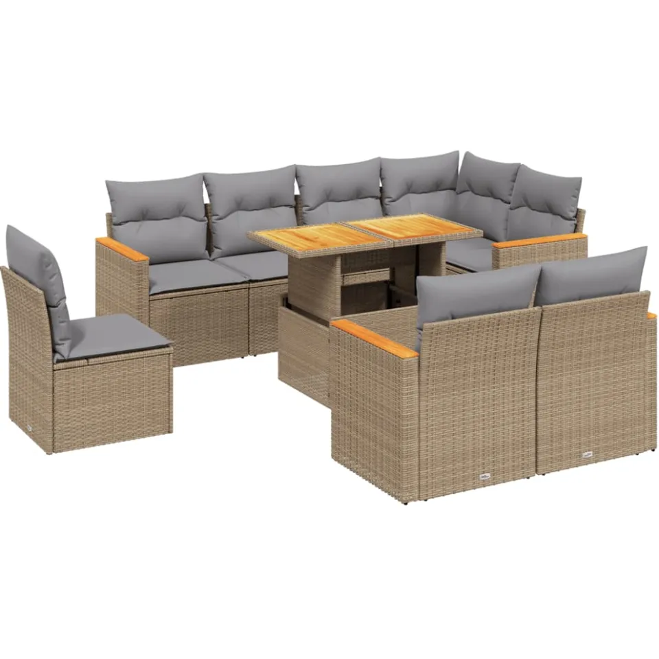 vidaXL 9-delige Loungeset met kussens poly rattan beige, foto 3