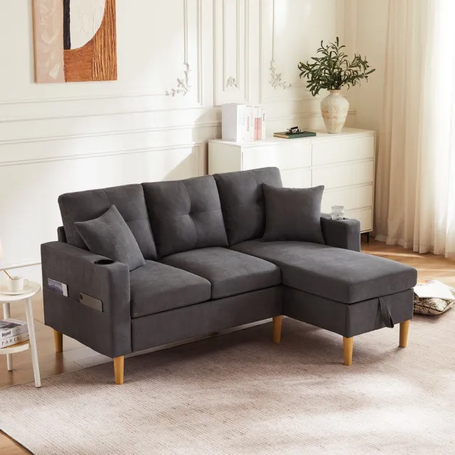 Zubaliya 3-zits hoekbank - 175 x 129 x 90 cm - linnenlook bekleding - met opbergruimte - met bekerhouders - inclusief kussens - met veer- en schuimvulling Grijs
