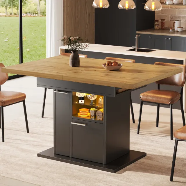 WUVRIE Uitschuifbare eettafel 110-140x80 cm - Opbergruimte, glasplanken en meerkleurige LED-verlichting - Zwart