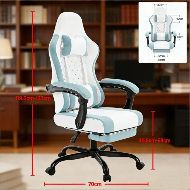 OKWISH Ergonomische Bureaustoel 70 x 70 x 127 Cm - Massage Lendensteun - Voor Werk En Gaming - Mesh En Metaal - Blauw Wit