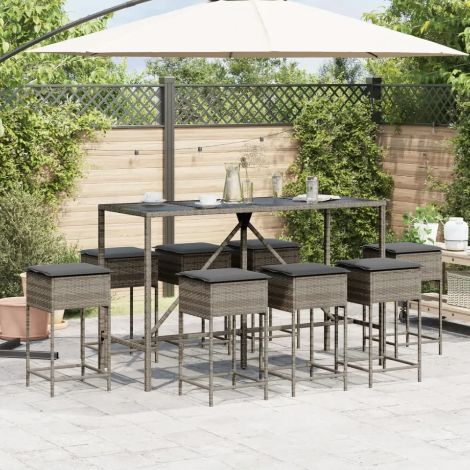 vidaXL 9-delige Tuinbarset met kussens poly rattan grijs, foto 3