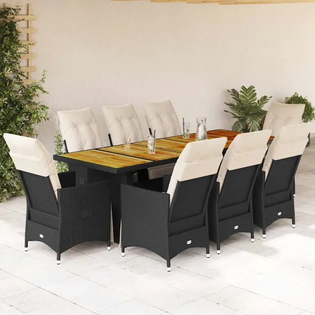 vidaXL 9-delige Bistroset met kussens poly rattan zwart