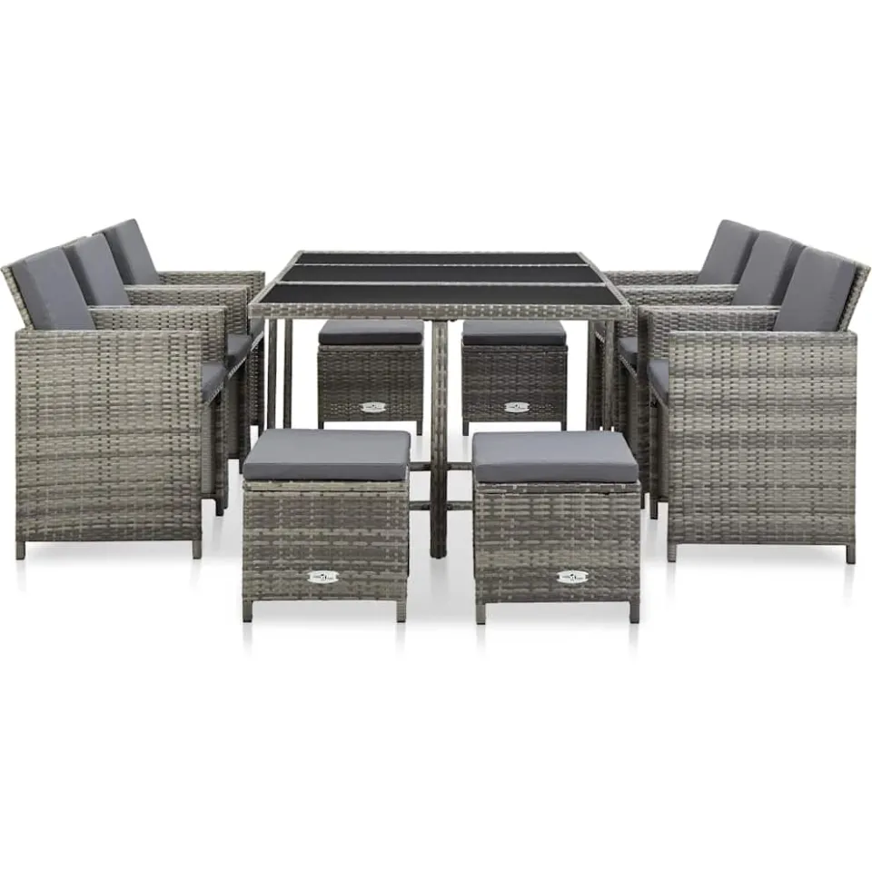vidaXL 11-delige Tuinset met kussens poly rattan grijs, foto 2