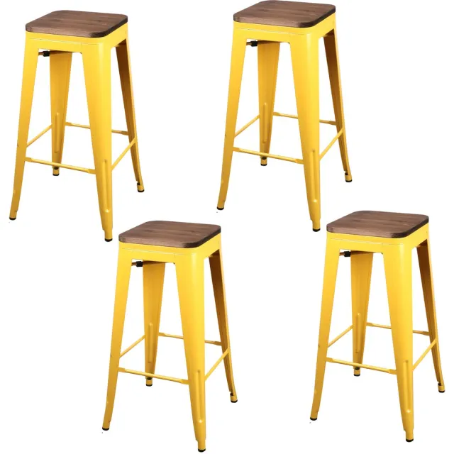 Urban Living METALEN BARKRUK x 4 MAT GEEL HOUTEN ZITTING 42,5X42,5X77CM yellow