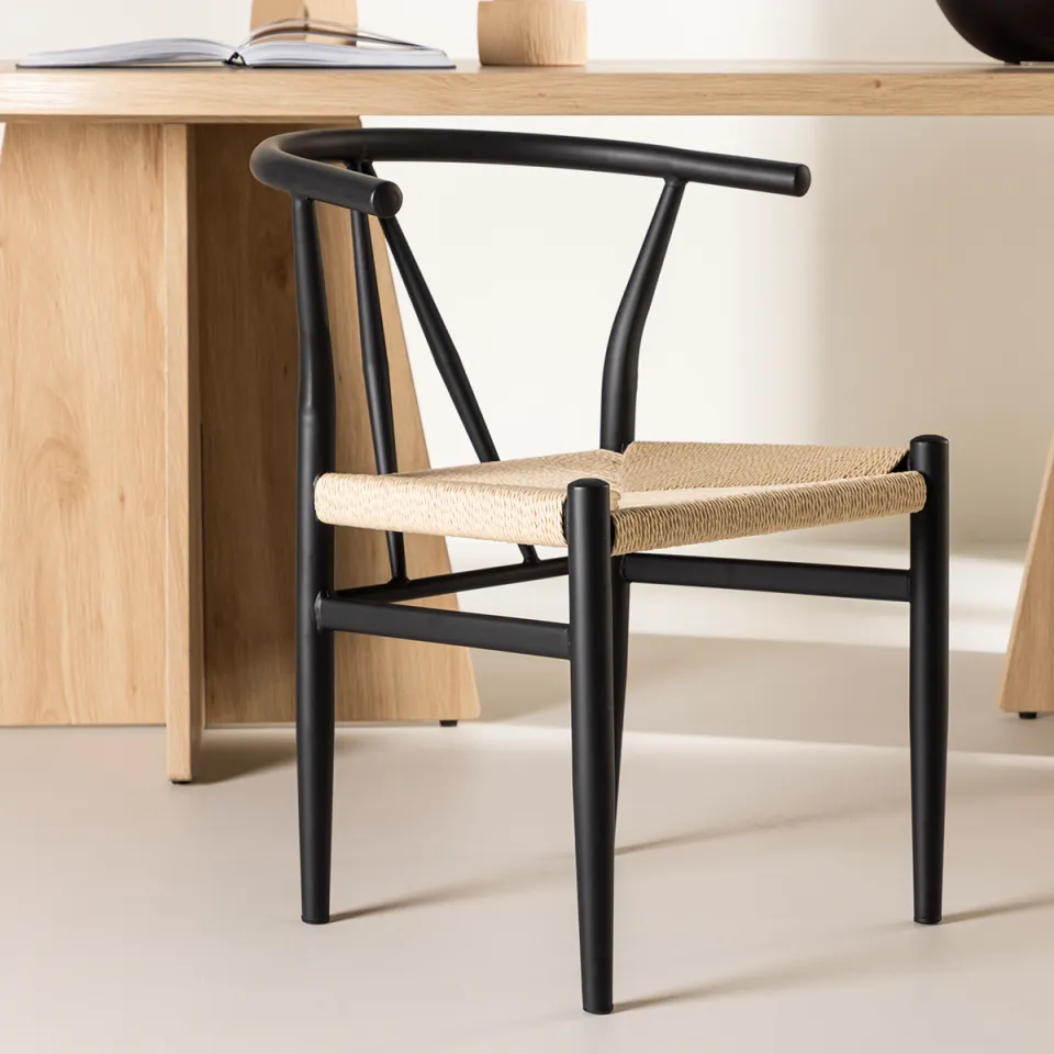 Nest living Bengt eetkamerstoel zwart - met rotan zitting, foto 2