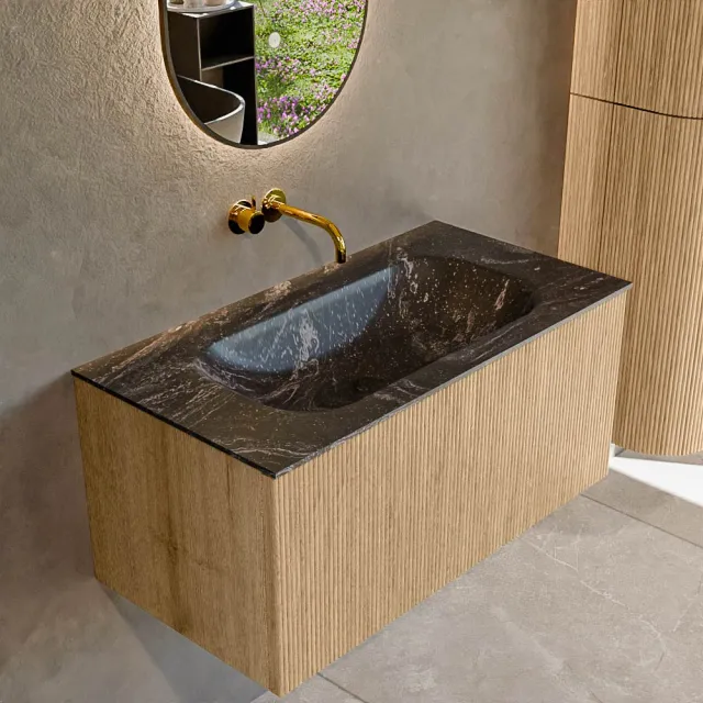 Mondiaz KURVE-DLUX 90 cm Onderkast Greeploos 1 Lade Zonder Deuren Oak, Wastafel Solid Surface Midden Lava 0 Kraangaten Zonder Spiegel (KRVBGS901L0D0KM-Oak/Lav)
