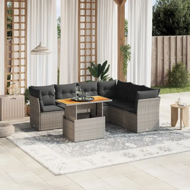 vidaXL 7-delige Loungeset met kussens poly rattan grijs, foto 2