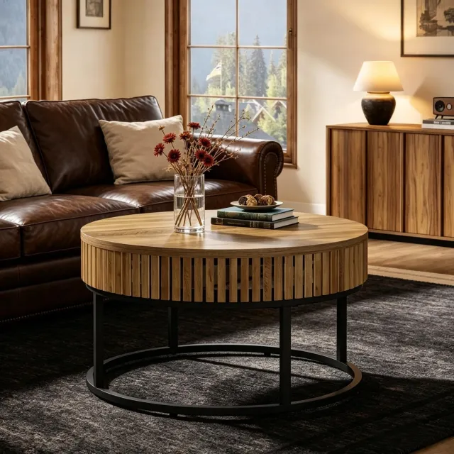 STILVORA Salontafel - Rond Tafelblad van 80 cm - Voor Woonkamer en Werkkamer - MDF en Metaal - Zwart en Bruin - 80 x 80 x 45 cm Zwart en lichtbruin