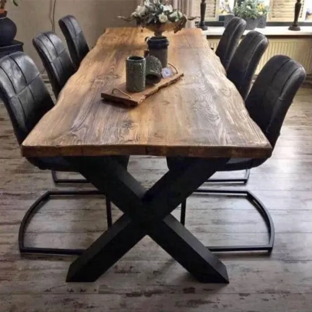 Robustiek Wonen Boomstamtafel - Eettafel Boomstam effect - Tafelpoten Metaal Zwart X - 200x90 Donkerbruin