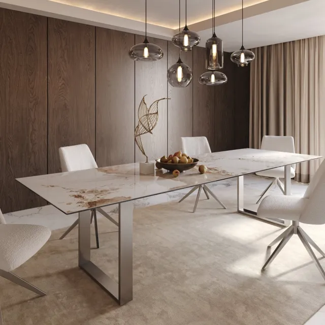 DELIFE Eetkamertafel Edge keramiek Minas Melange wit-beige 300x100 RVS Schmal Weiß-Beige
