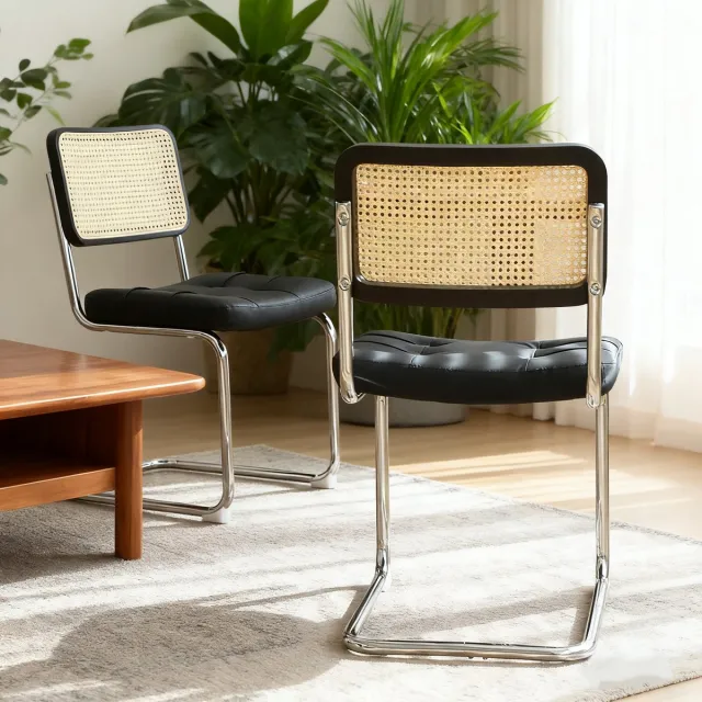 Welltin Eetkamerstoelen Set Van 2 - Eetkamerstoel - Eetkamerstoelen - Moderne middeleeuwse stij - Rieten rugleuning - Gewatteerde zitting - Metalen stoelpoten - PU - Geschikt voor de woonkamer en de keuken - Zwart