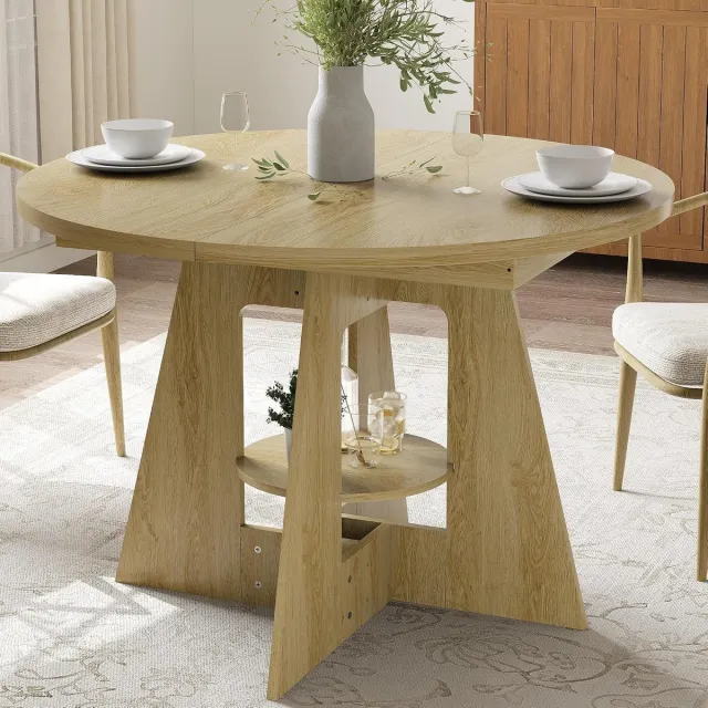 Triumpunpre Ronde eettafel met opbergplank – Moderne houten keukentafel – draagvermogen 500 lbs – krasbestendig oppervlak – kruisvoet – 110×110×76 cm – Houtkleur