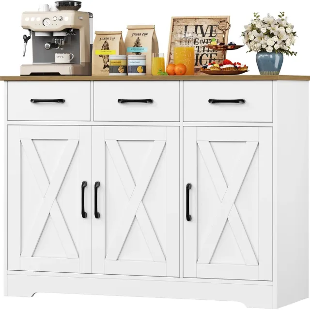 ITRONIQ Keukenkast Met 3 Lades en 3 Deuren - Buffetkast Met Opbergruimte - Opbergkast Met Verstelbare Planken - 108x39x81 CM - Wit