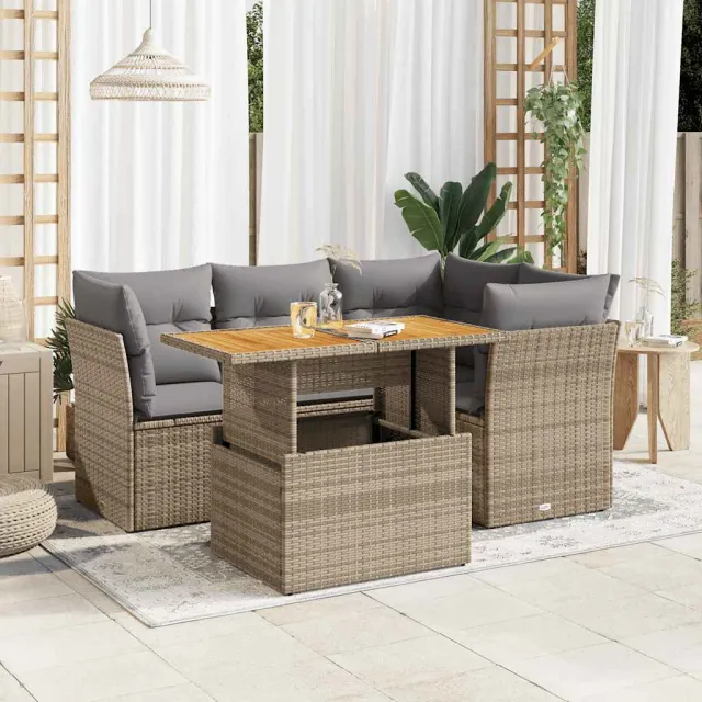 vidaXL 5-delige Loungeset met kussens poly rattan beige, foto 2