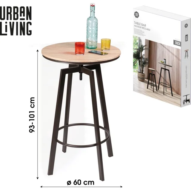 Urban Living "DOCK" Bartafel met verstelbare hoogte en rond tafelblad Ø60 cm - hoogte verstelbaar van 93 tot 101 cm. Donkerbruin en eikenhoutlook