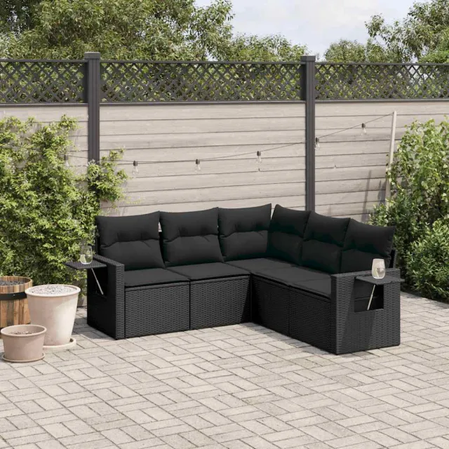 vidaXL 5-delige Loungeset met kussens poly rattan zwart, foto 2