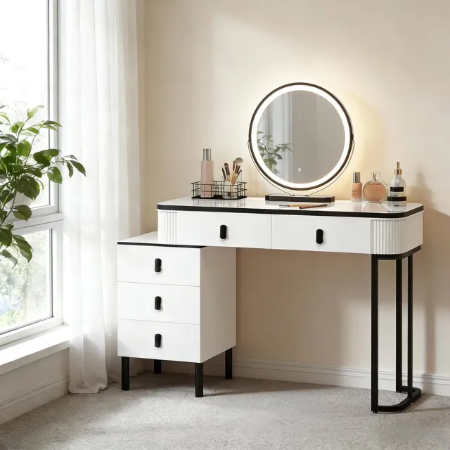 Wishdor Kaptafel met spiegel en lades - Modern design - Hoogglans - Zwart wit - 100 x 40 cm - 360° draaibare ledspiegel