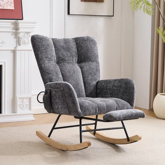Vankel Comfortabele Schommelstoel met Lendenondersteuning - Verstelbare Opblaasbare Lendensteun - Ergonomisch Design - Verborgen Voetensteun - Diepe Chenille Relaxfauteuil Grijs-Met voetsteun