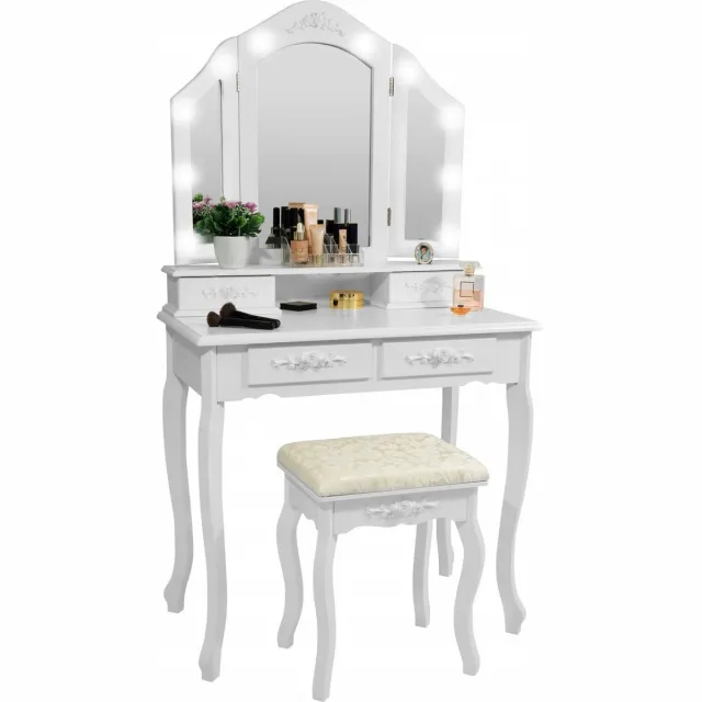 Viking Choice Houten kaptafel wit met LED-verlichte spiegel en krukje - 75x40x140 cm