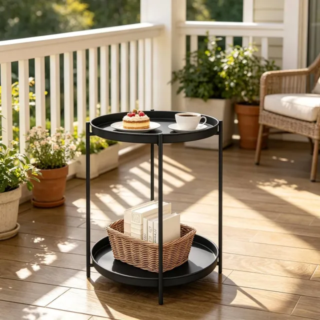 STILVORA Bijzettafel - Ronde Tafel Met Dubbele Opbergruimte - Voor Woonkamer Slaapkamer Of Balkon - Metaal - 44x44x53 Cm - Zwart