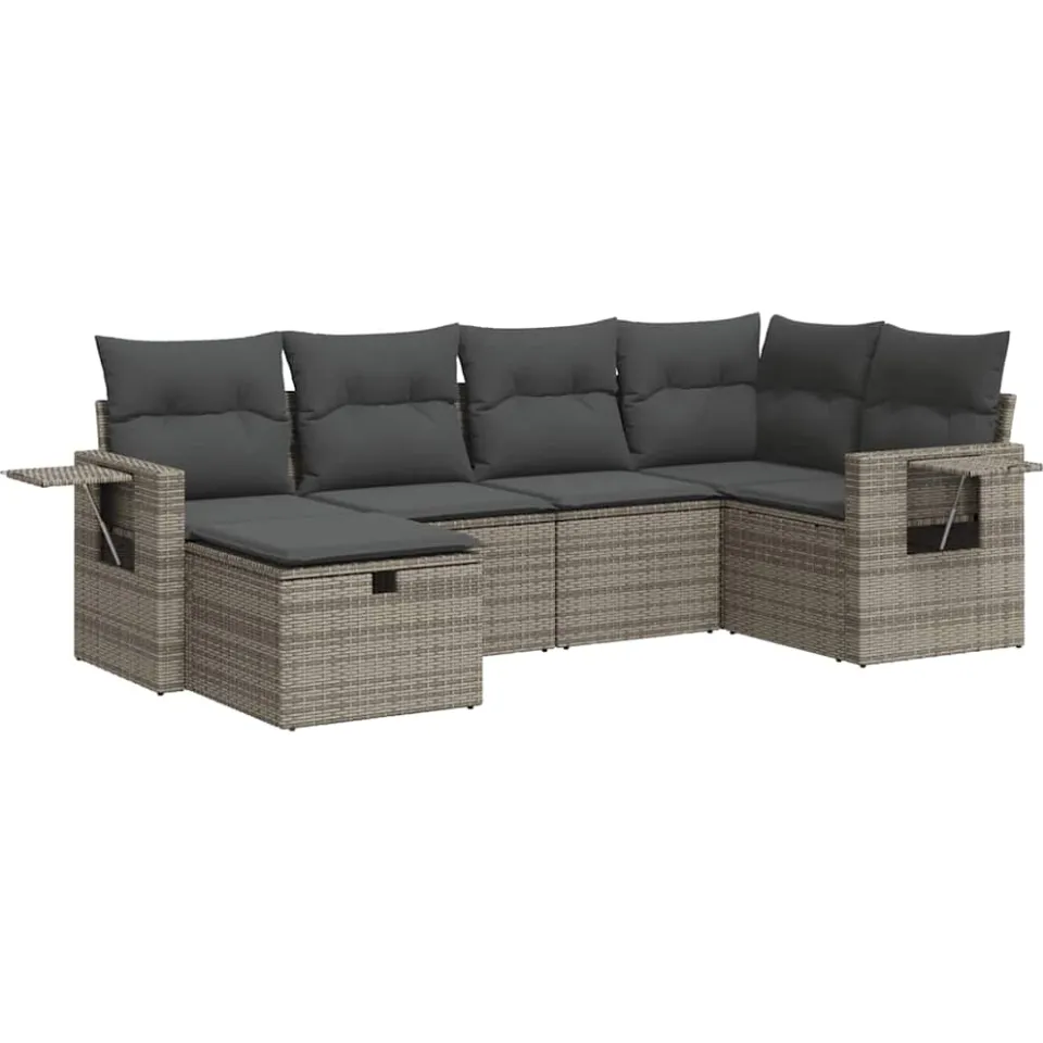 vidaXL 6-delige Loungeset met kussens poly rattan grijs, foto 3
