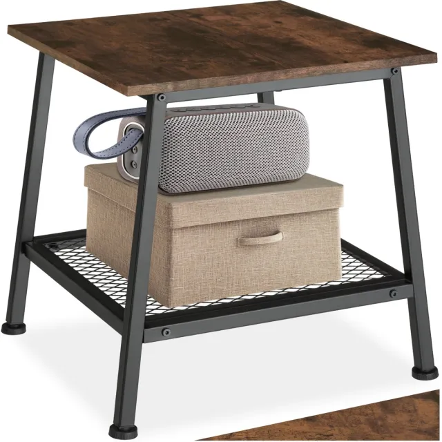 Tectake Bijzettafel van Hout en Metaal - Nachtkastje met Roosterplank in het Onderste Gedeelte - Industrieel Design - Afmetingen 45,5 x 45 x 47 cm - Zwart Metalen Frame - (Industrieel Donkerbruin) Donkerbruin - Rustiek