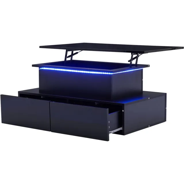 Wishdor LED-salontafel hoogglans zwart 90x55x41 cm | 4 lades, verborgen opbergruimte, uitschuifbaar blad en 30 kg