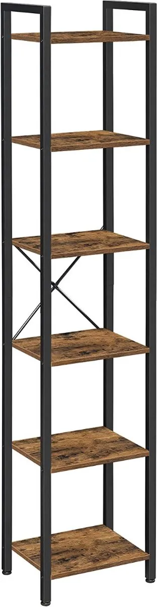 LAUWG Boekenkast, boekenplank, staande plank, DVD plank, met 6 niveaus, kantoorplank, open planken, voor kantoor, woonkamer, slaapkamer, kinderkamer, keuken, 40 x 30 x 187,5 cm, vintage bruin-zwart