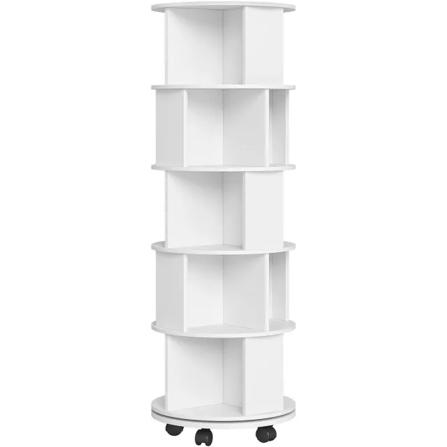 NordHaus Draaibare Boekenkast - Boekenplank - Opbergkast - 360° Roterend met Wielen - 5 Laags Wit 161,5 cm Hoog
