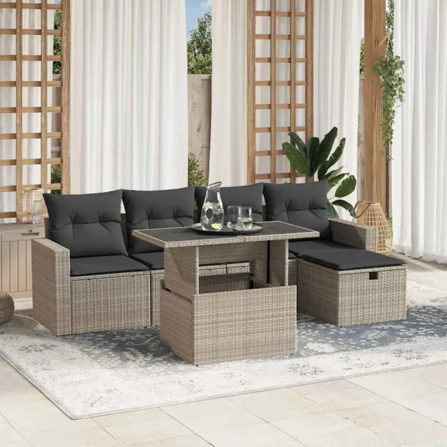 vidaXL 6-delige Loungeset met kussens poly rattan lichtgrijs grijs, foto 2