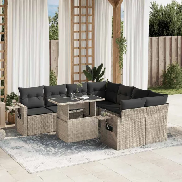 vidaXL 9-delige Loungeset met kussens poly rattan lichtgrijs grijs, foto 2