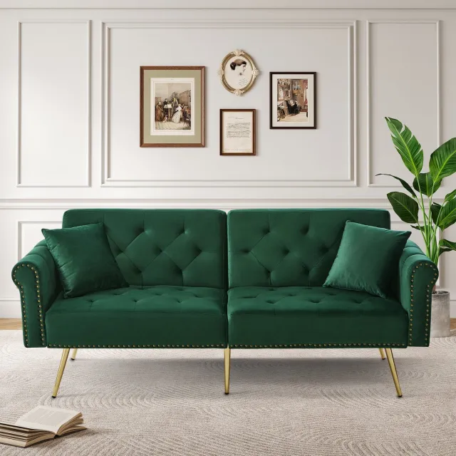 MODFU 2-Zits Slaapbank - 3-Standen Verstelbare Rugleuningen - Modern - Fluweel En Metaal - Antiekgroen - 147 x 85 cm Antiek groen