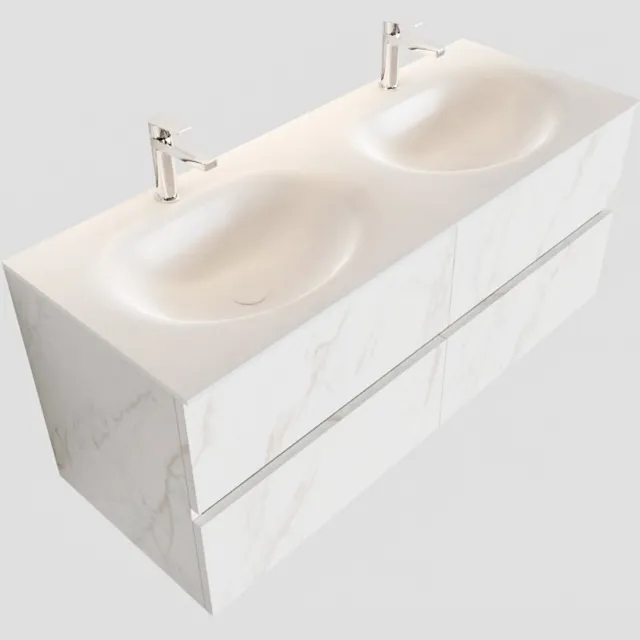 Boss & Wessing Badkamermeubel BWS Valencia Carrara Mat 120 cm Solid Surface Wastafel Dubbel (2 kraangaten, 4 lades)