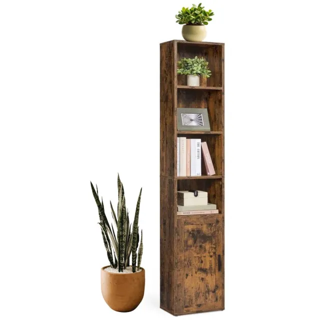 Signature Home Lang Boekenkast - Opbergkast 6-laags hoge plank - vrijstaande kastmet deur - open opbergeenheid - vintage bruin -24 x 31,8 x 175 cm