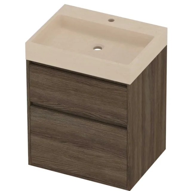 Proline Evoli Badmeubelset Hardsteen Loft 1 Kraangat Greeploos 60x46x75 cm Sand Stone Vital Oak Eiken