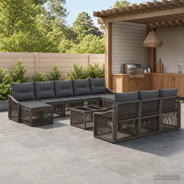 vidaXL Tuinbankenset 11 st 10-zits Grijs poly rattan