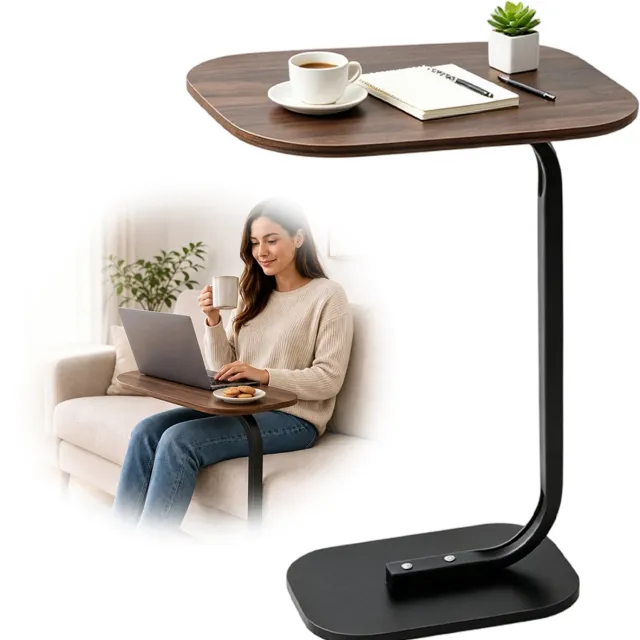 BENALLA C-Vormig Bijzettafeltje Voor Bank En Bed - Kleine Snacktafel - Banktafel - Moderne Kleine Salontafel - Voor Laptops Koffie Boeken Walnoot & Zwart